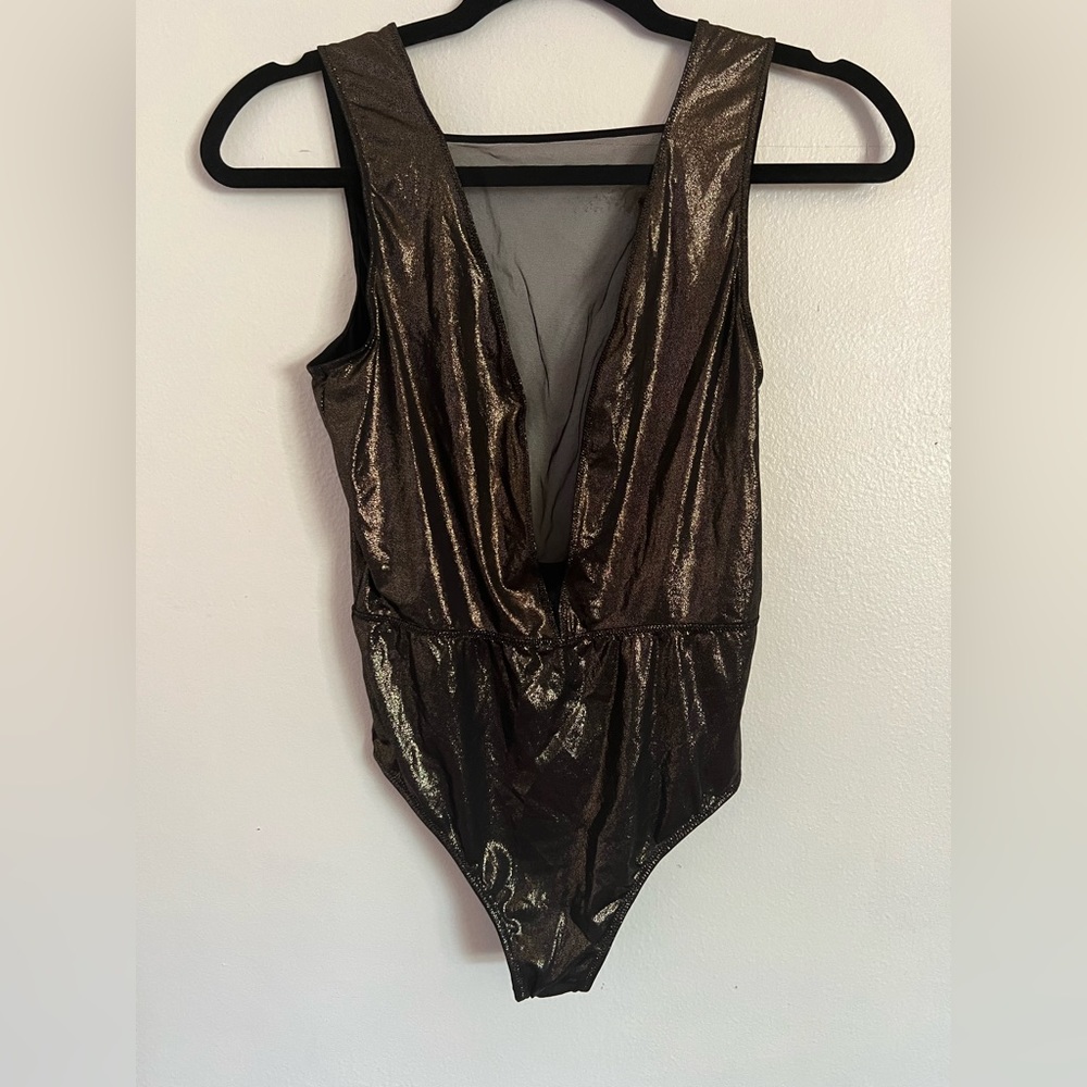 victoria’s secret | black with gold shimmer deep v neck bodysuit